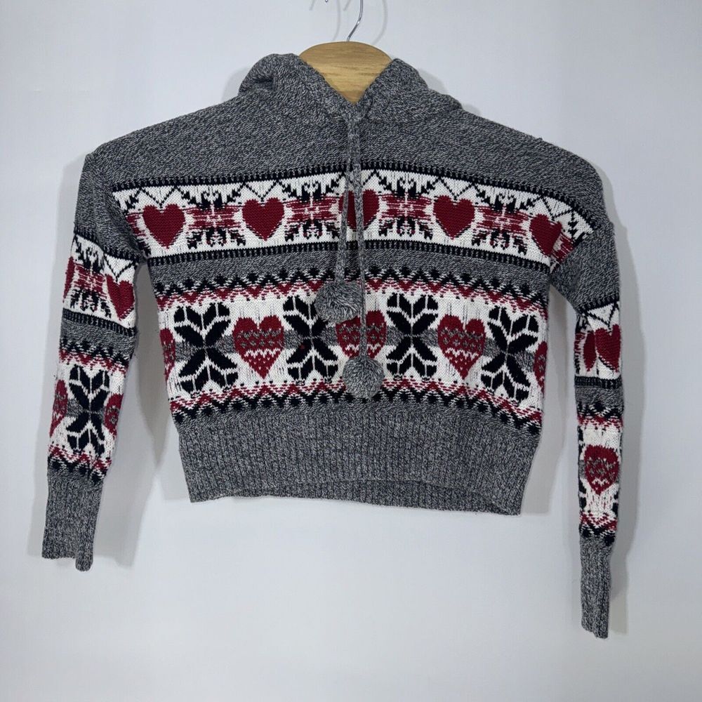 Yet Again Womens Grey Fair Isle Heart Sherpa Lined Cropped Hoodie Sweater Medium